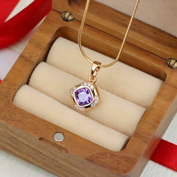 "Purple Cushion Stone Pendant in Gold Plated Brass with Crystal Halo, XPPT1770 - Picture 5 of 13